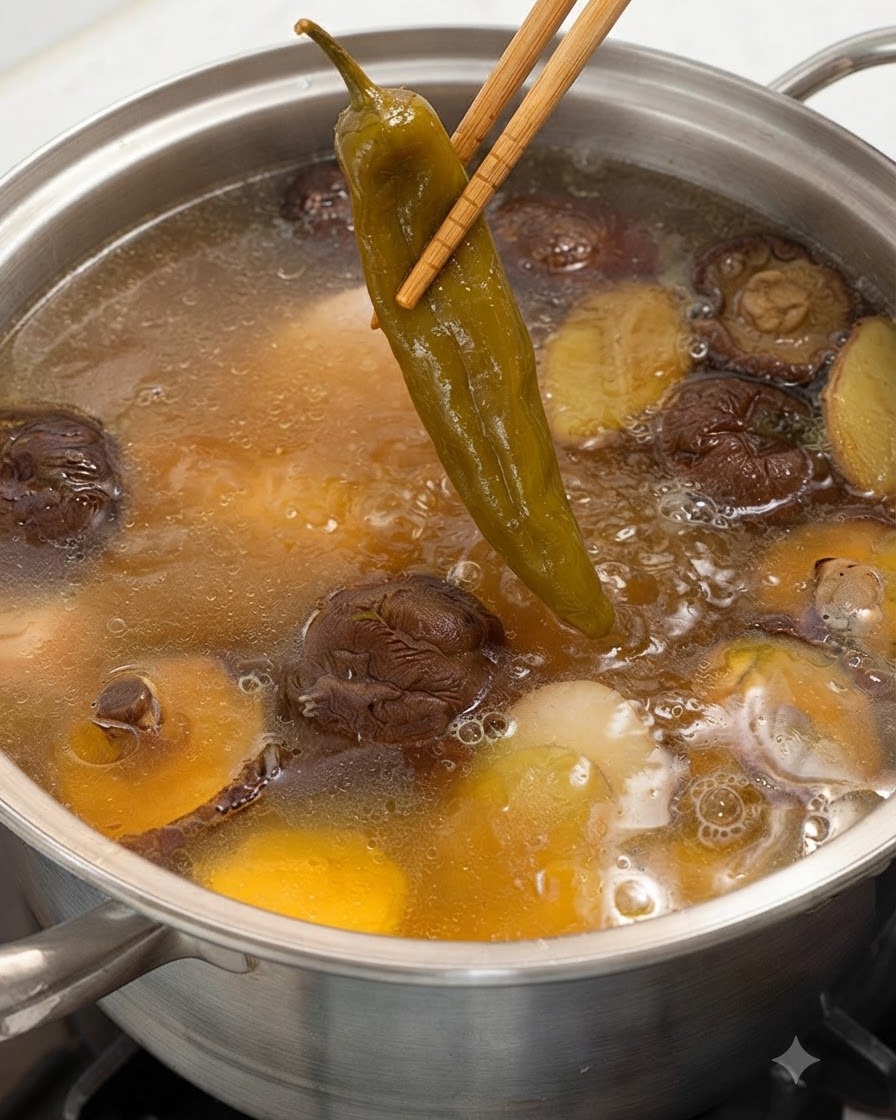 Des baguettes tenant un piment vert mariné entier au-dessus dune casserole de soupe fumante au poulet et aux champignons.