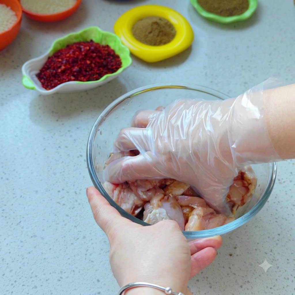Une main gantée de plastique mélangeant soigneusement des morceaux de poulet cru dans un bol en verre transparent.
