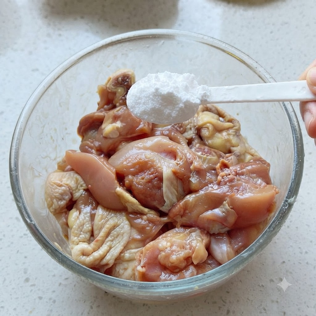 Une cuillère blanche contenant une portion de fécule positionnée au-dessus dun bol en verre de morceaux de poulet assaisonnés.