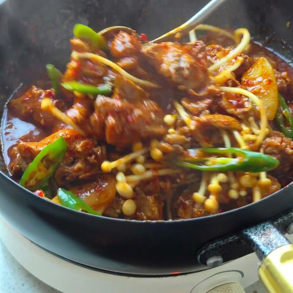 Des morceaux de poulet en train dêtre sautés dans le wok jusquà ce que leur surface devienne dorée.