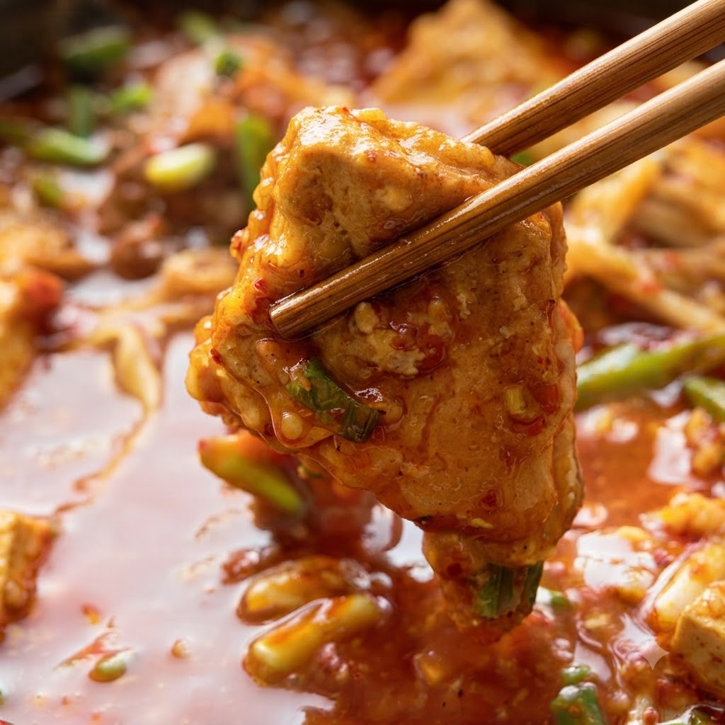 La sauce rouge au piment et aux épices préparée versée entièrement dans le wok avec le poulet.