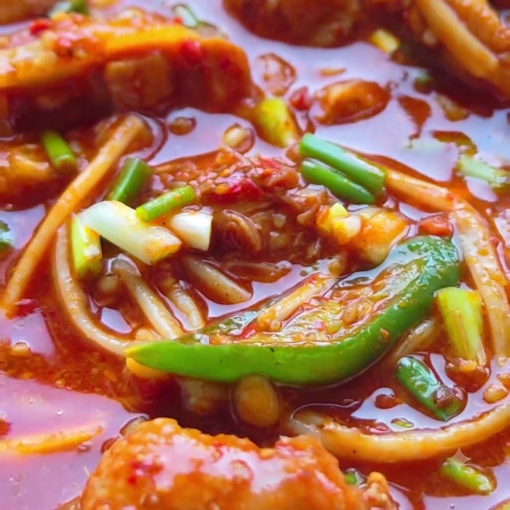 De leau chaude versée dans le wok sur le poulet et les épices.