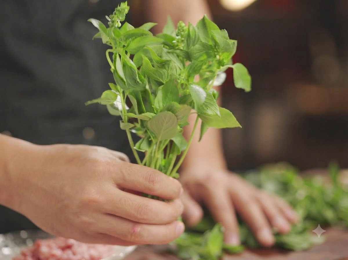 Feuilles de basilic vert fraîches séparées de leurs tiges sur une assiette blanche.