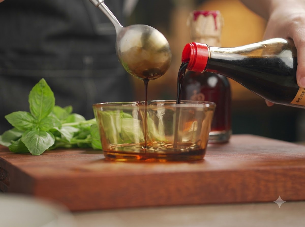Sauce soja claire et autres liquides versés dune bouteille et dune cuillère dans un petit bol en verre.