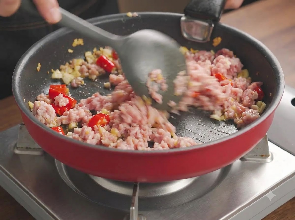Porc haché vigoureusement émietté et sauté avec les piments et lail dans une poêle.