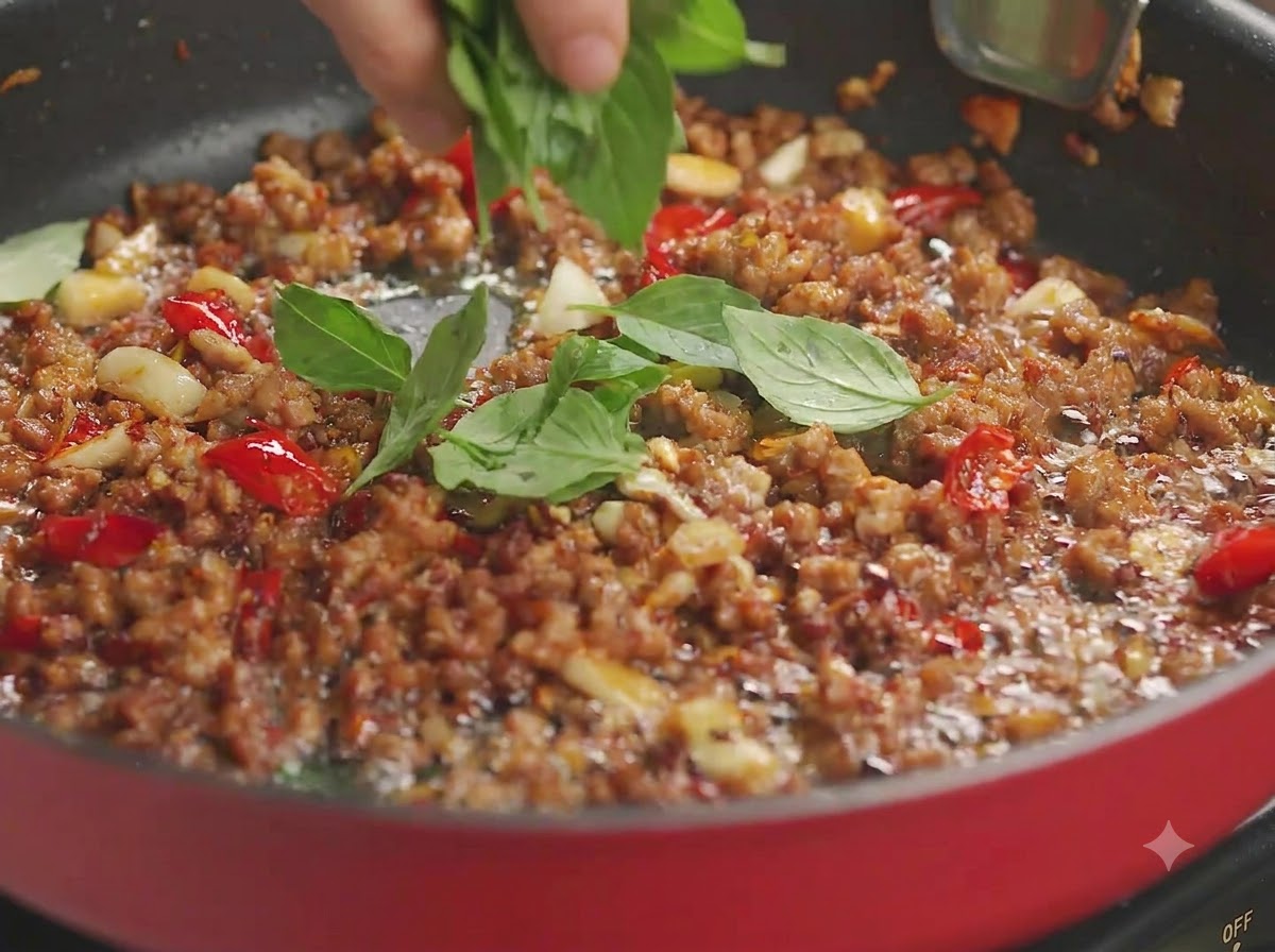 Feuilles de basilic vert frais jetées dans la poêle chaude avec la viande hachée cuite.