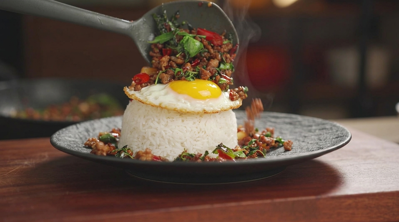 Porc Haché Sauté au Basilic Thaï et Riz (Pad Kra Pao Moo)
