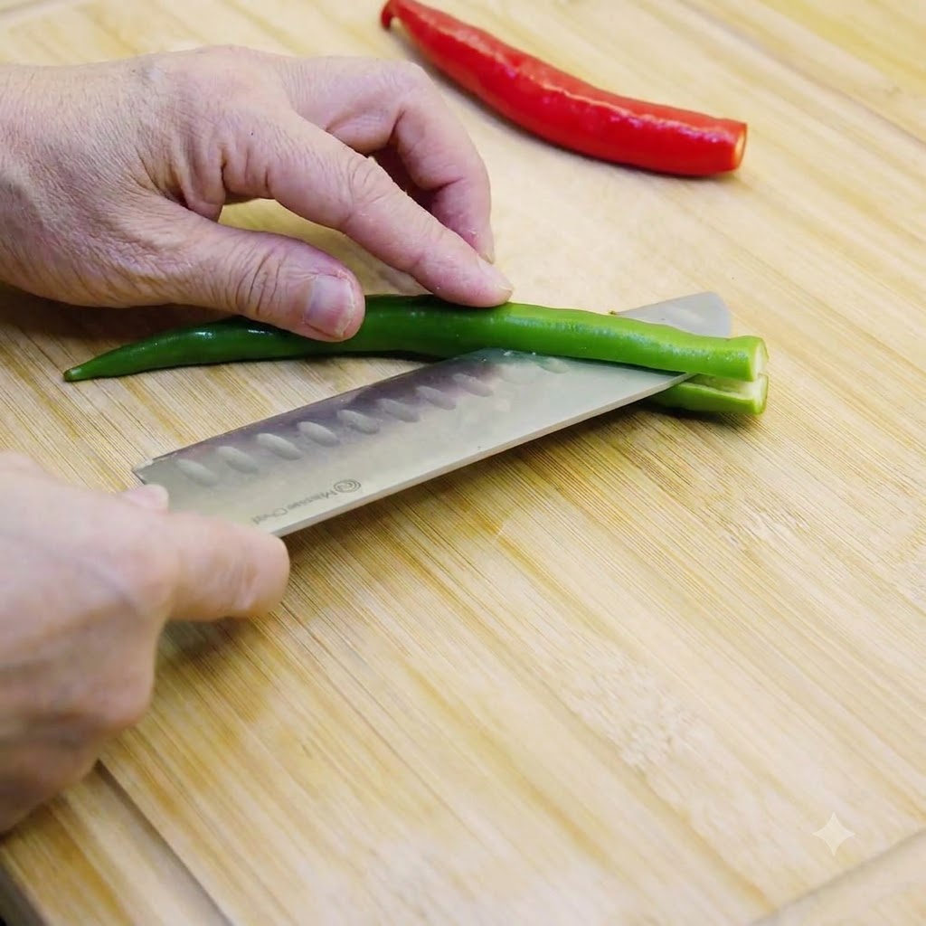 Piments verts et rouges coupés et épépinés sur une planche en bois.