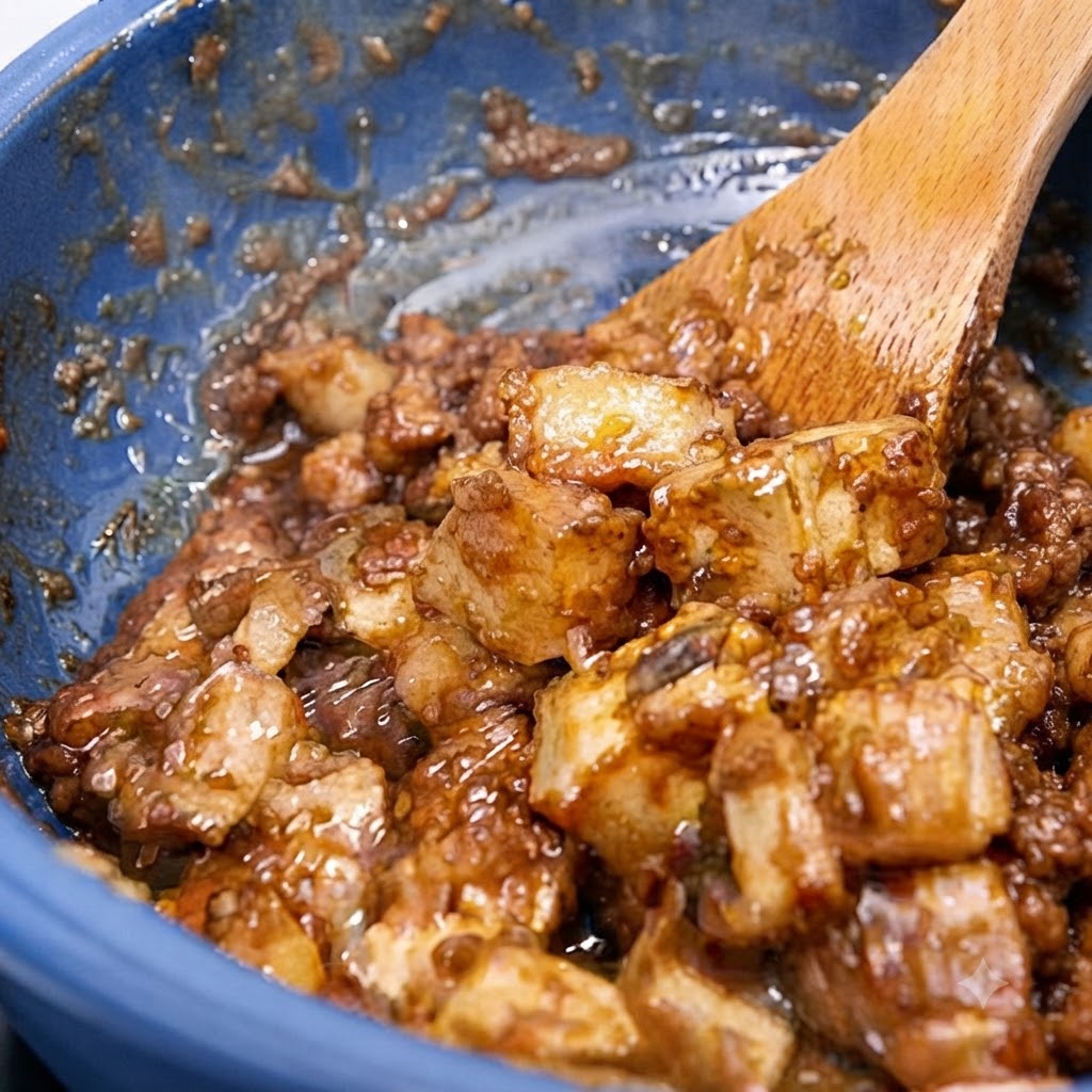 Pâte de belacan mixée et huile en train de cuire dans une cocotte bleue.