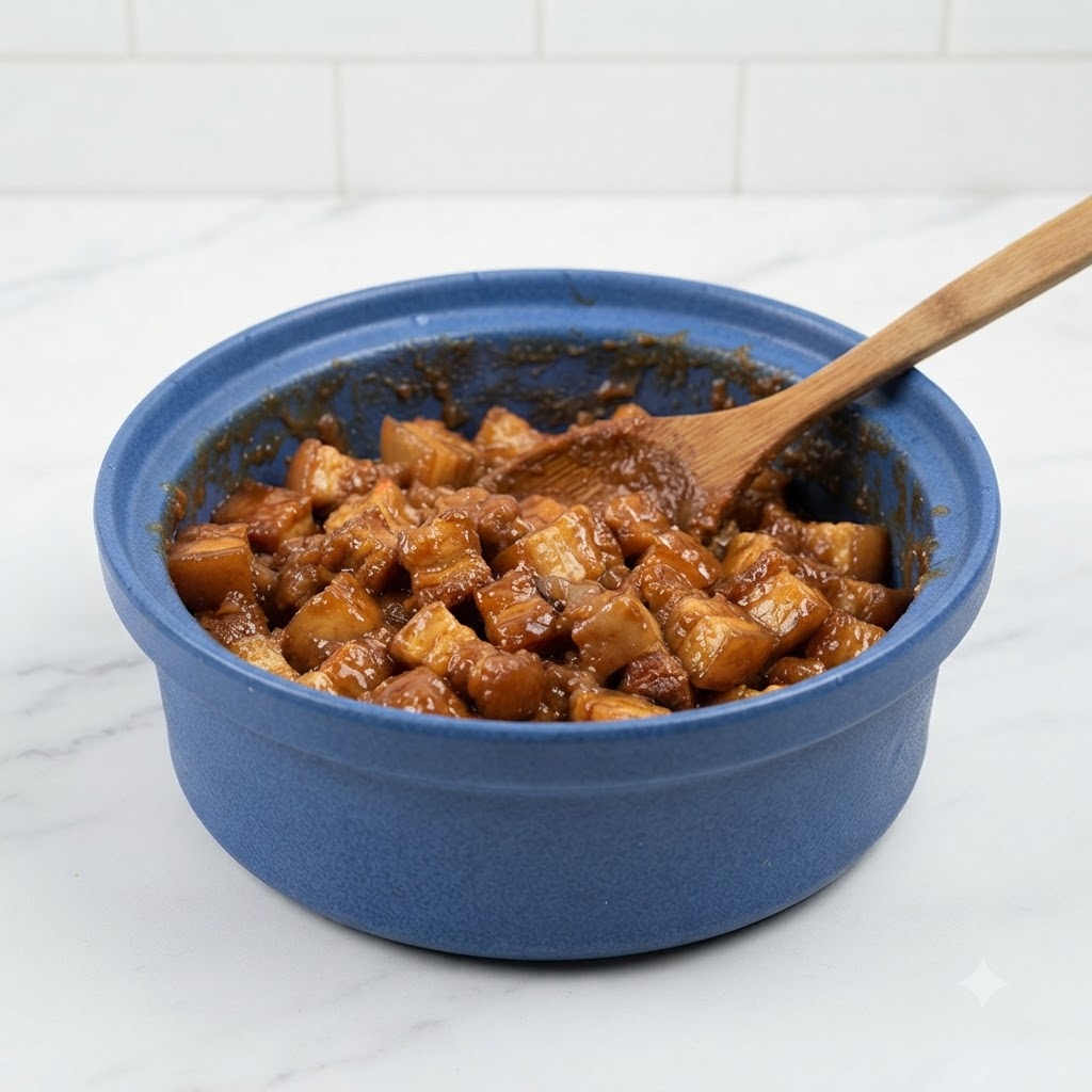 Pâte de soja mélangée à la pâte de belacan dans une cocotte bleue.