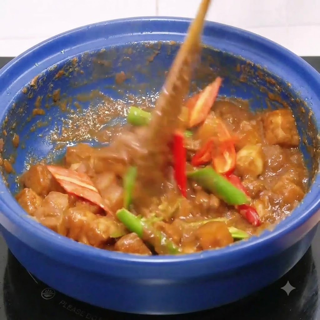 Morceaux de poitrine de porc blanchie mélangés à la pâte aromatique dans une cocotte bleue.