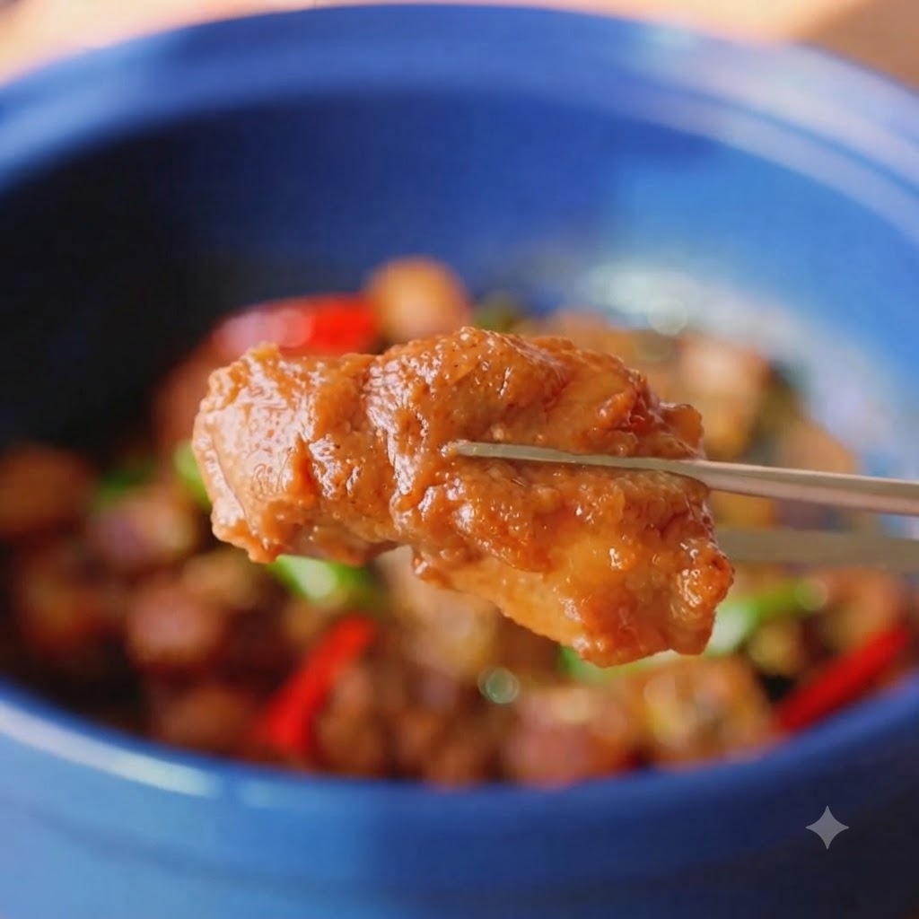Sucre et glutamate monosodique ajoutés au mélange de porc dans la cocotte.