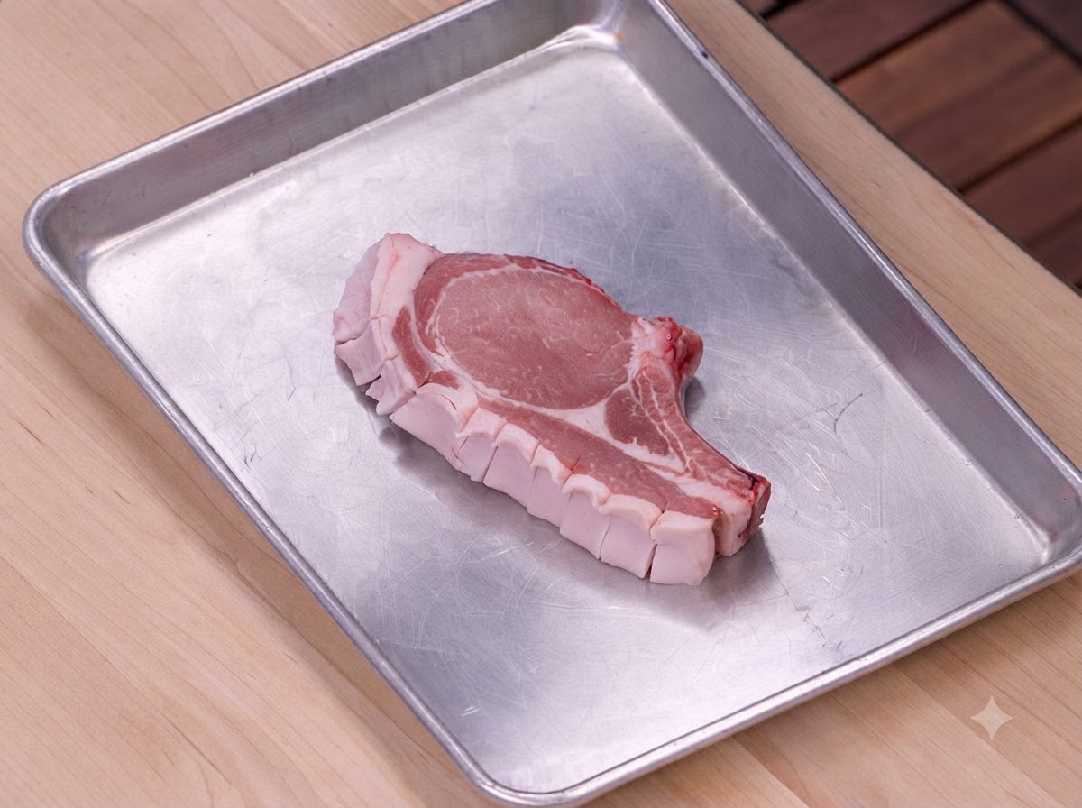 Une côte de porc crue disposée sur un plateau en métal, saupoudrée de sel et de poivre noir.