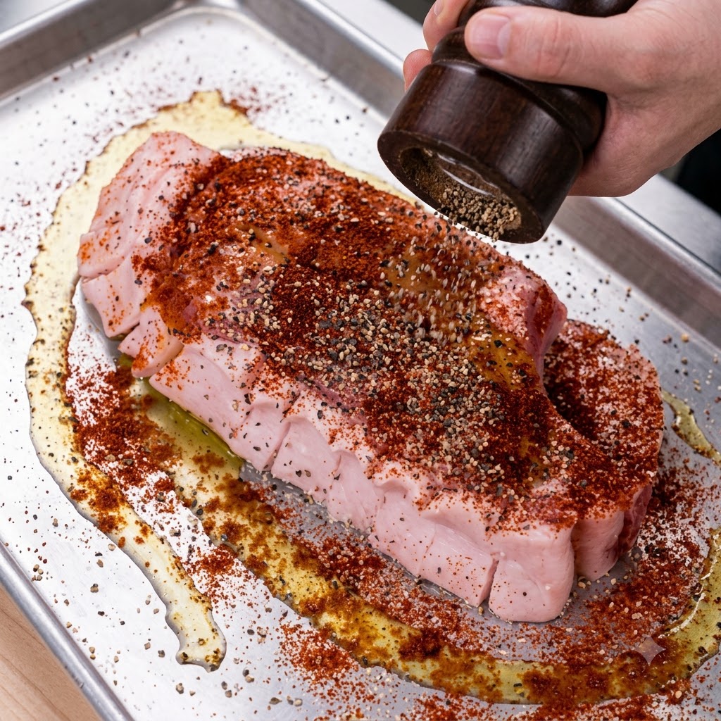 De lhuile dolive, du paprika fumé et du piment en poudre versés et saupoudrés sur une côte de porc crue.