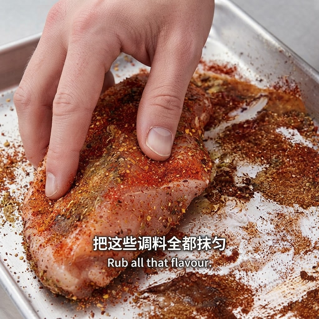Une main massant le mélange dépices et lhuile sur une côte de porc crue.