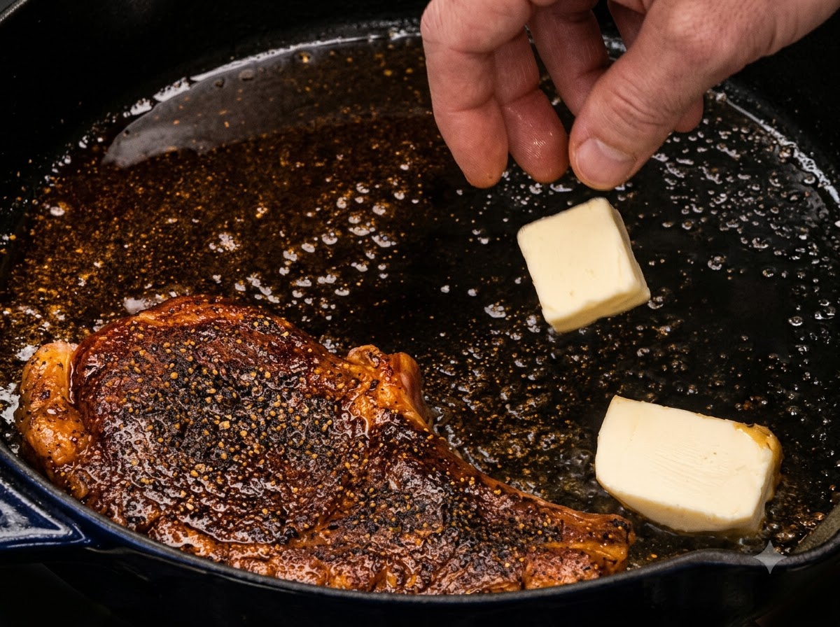 Des morceaux de beurre et des brins de thym ajoutés à côté dune côte de porc en train de saisir dans une poêle.