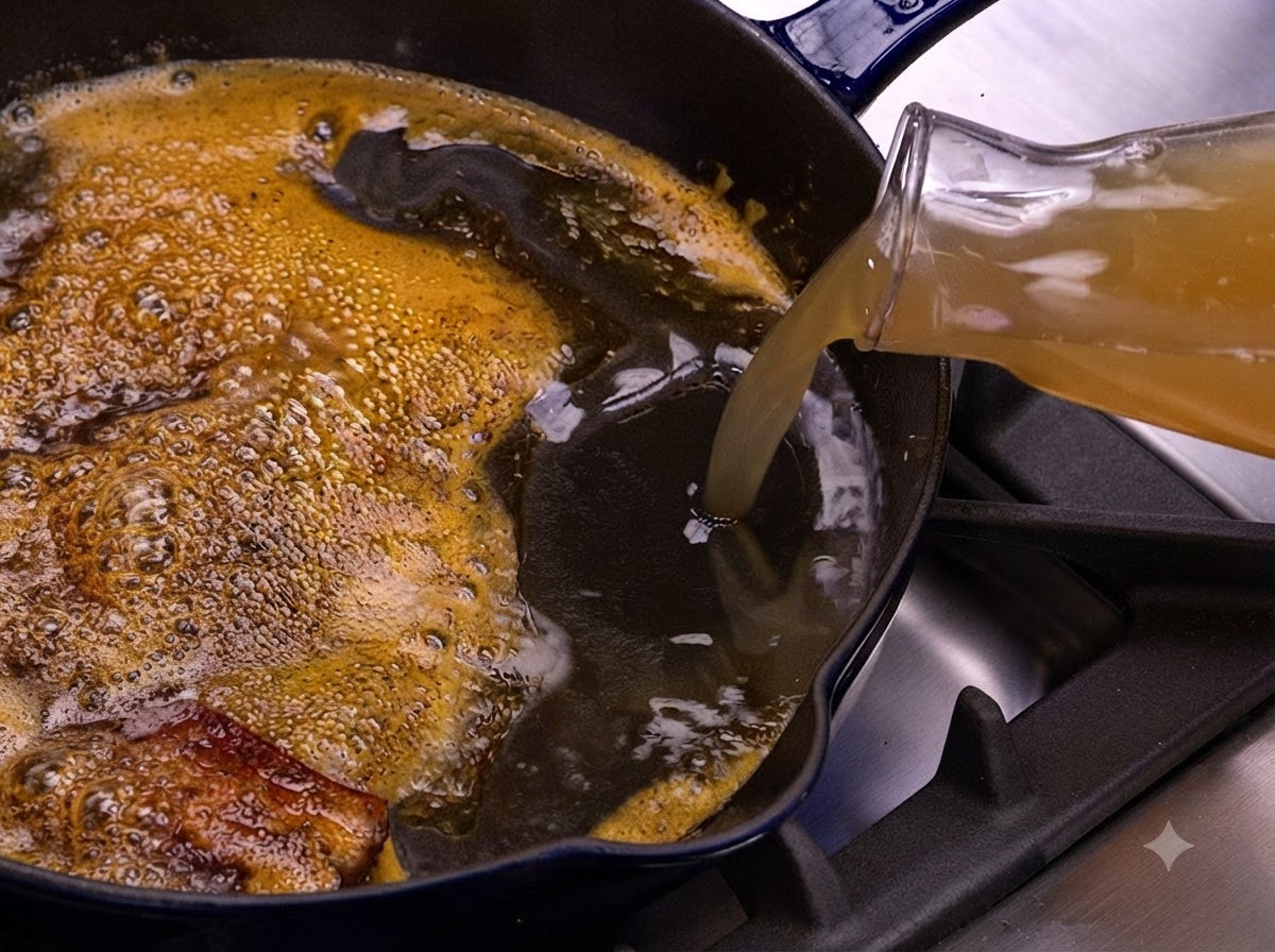Un bouillon liquide clair versé à partir dune pichet en verre dans une poêle en fonte contenant une côte de porc saisie.