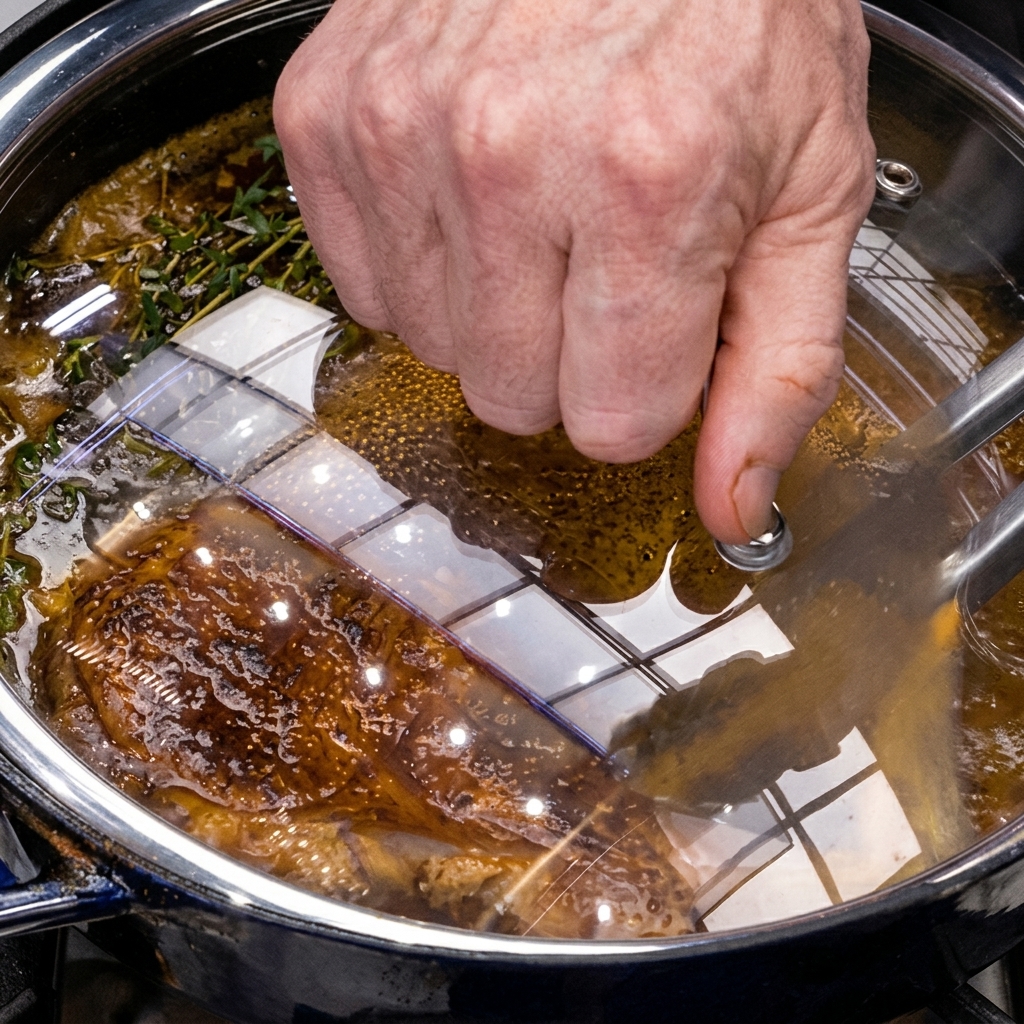 Une main plaçant un couvercle en verre sur une poêle en fonte chaude pour couvrir une côte de porc en cours de cuisson.