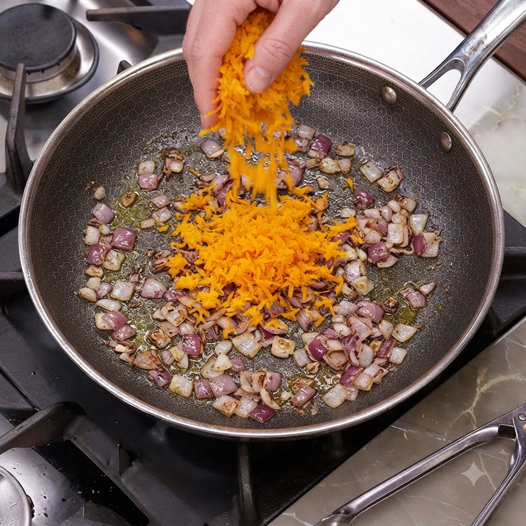 De la courge butternut fraîchement râpée en train dêtre saupoudrée dans une poêle remplie doignons sautés.