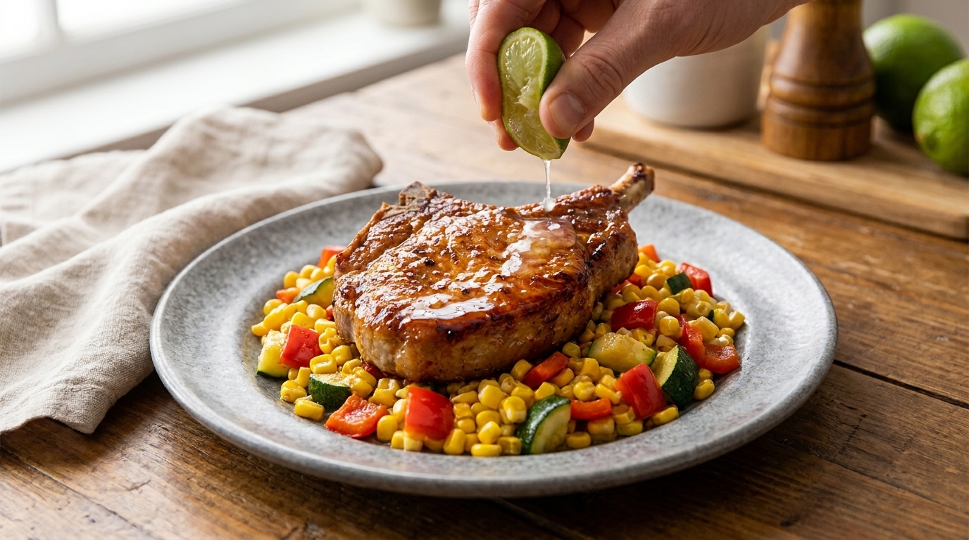 Une côte de porc poêlée magnifiquement dressée sur un succotash de légumes coloré, rehaussée dun filet de jus de citron vert frais.
