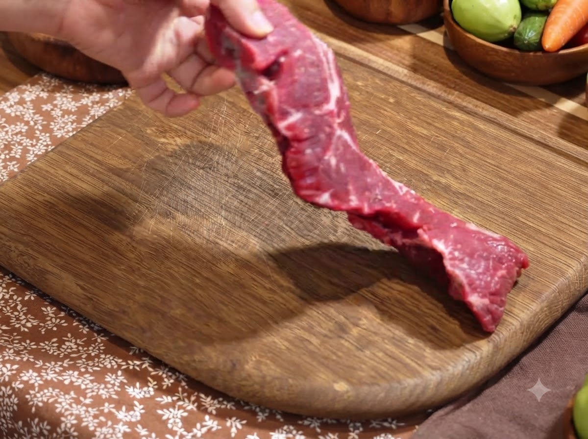 Filet de bœuf frais coupé en morceaux sur une planche à découper en bois.
