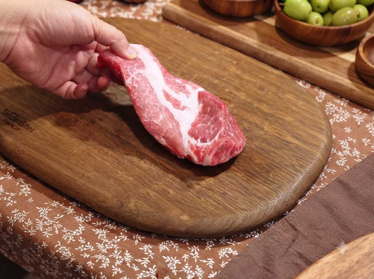 Une côtelette dépaule de porc crue tenue par une main au-dessus dune planche à découper en bois.
