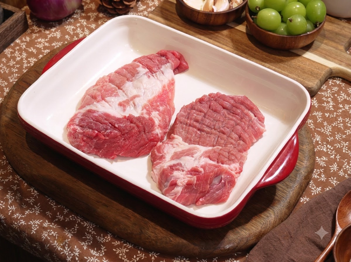 Côtelettes de porc crues reposant dans un plat de cuisson blanc, assaisonnées et prêtes à mariner.