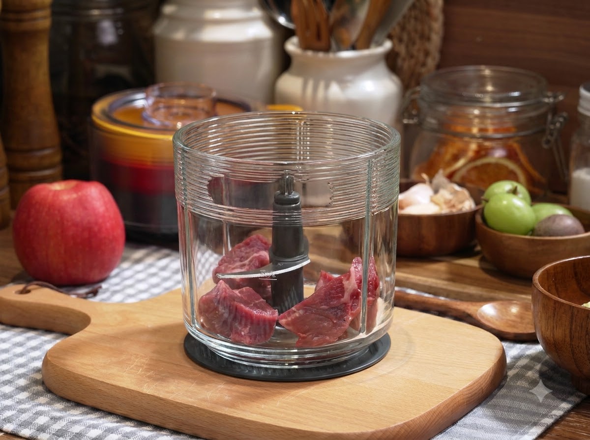 Morceaux de viande de bœuf crue placés à lintérieur du bol en verre dun robot culinaire.