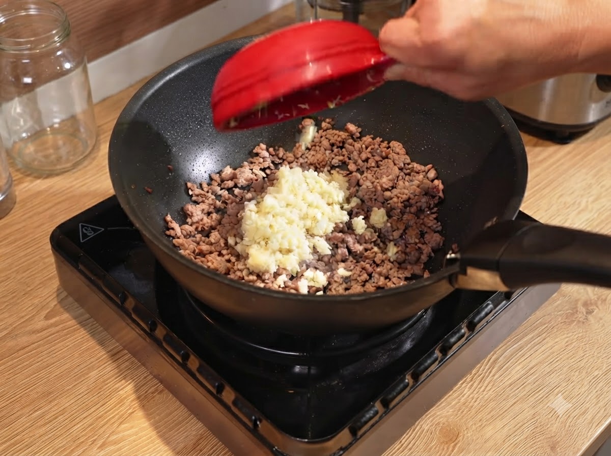 Ail haché et oignons rouges coupés versés dans la poêle avec le bœuf bruni.