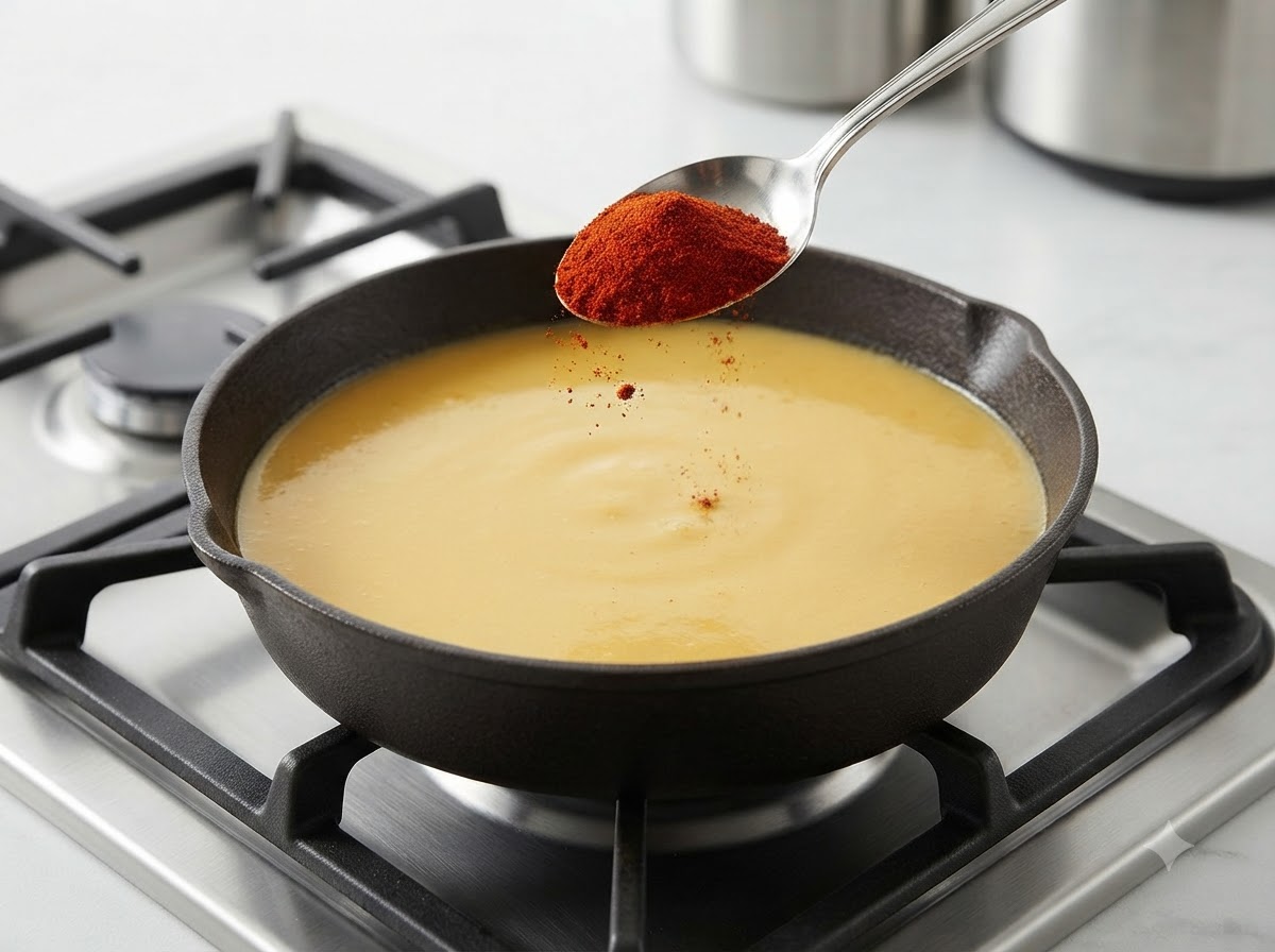 Poudre de paprika doux ajoutée à partir dune cuillère dans la sauce curry simulant.