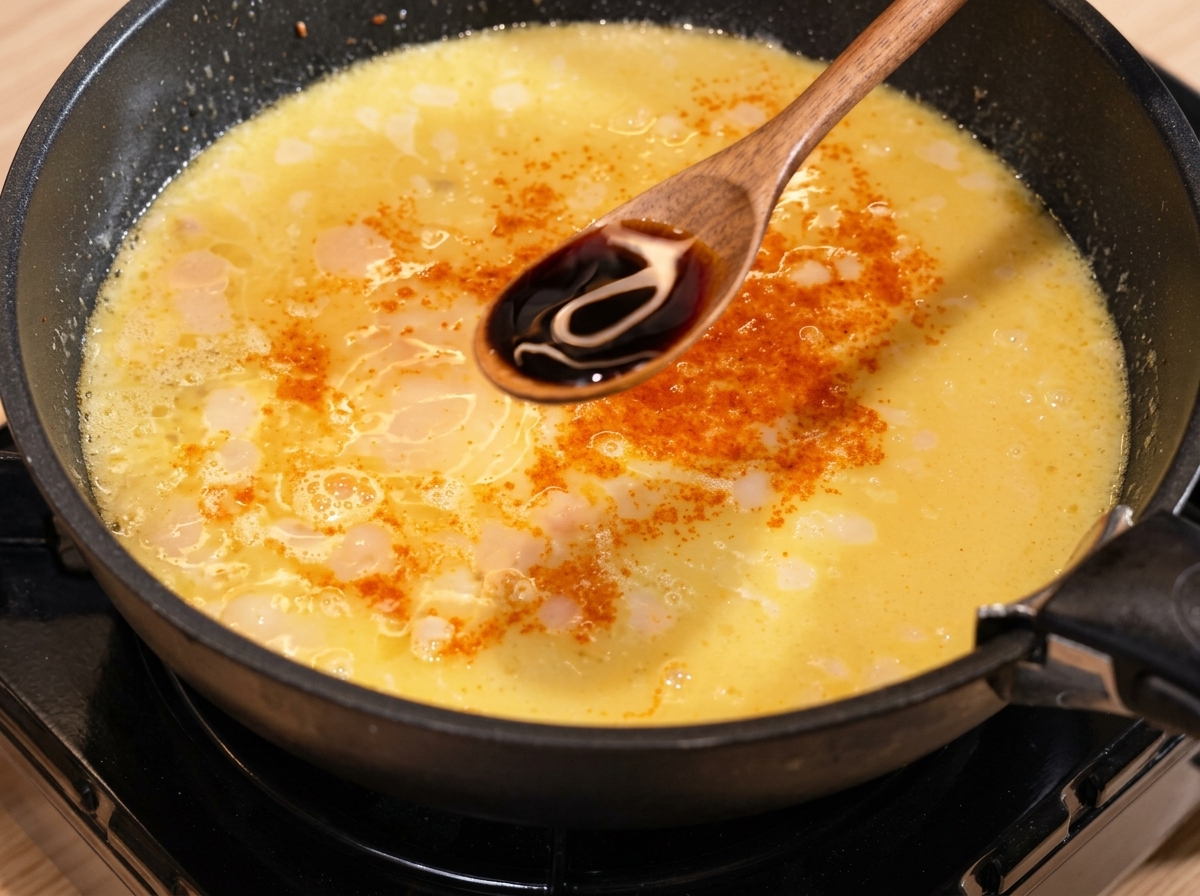 Sauce soja claire versée dune cuillère en bois dans la sauce curry bouillonnante dans une poêle noire.