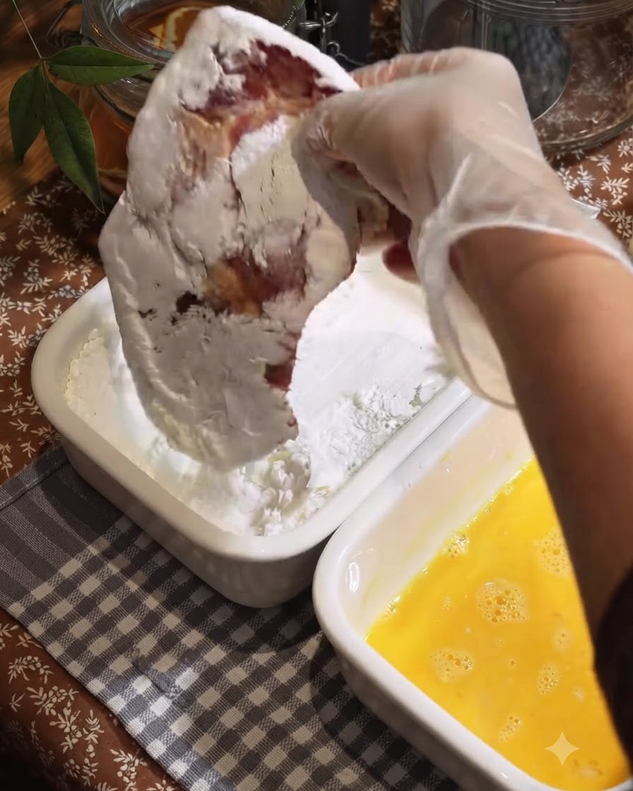 Une côtelette de porc marinée enrobée de fécule dans un plateau de récipient blanc.