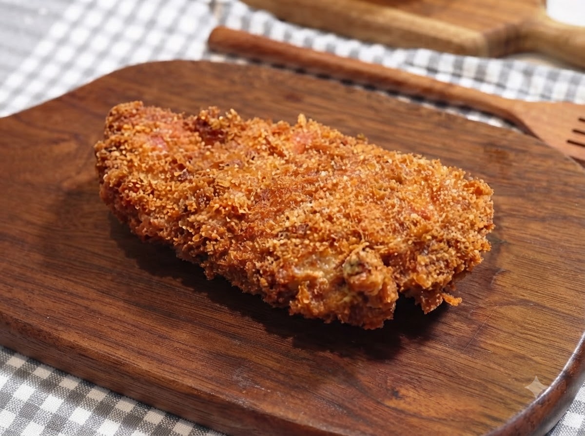 Une côtelette de porc dorée fraîchement frite reposant sur une surface de coupe en bois.
