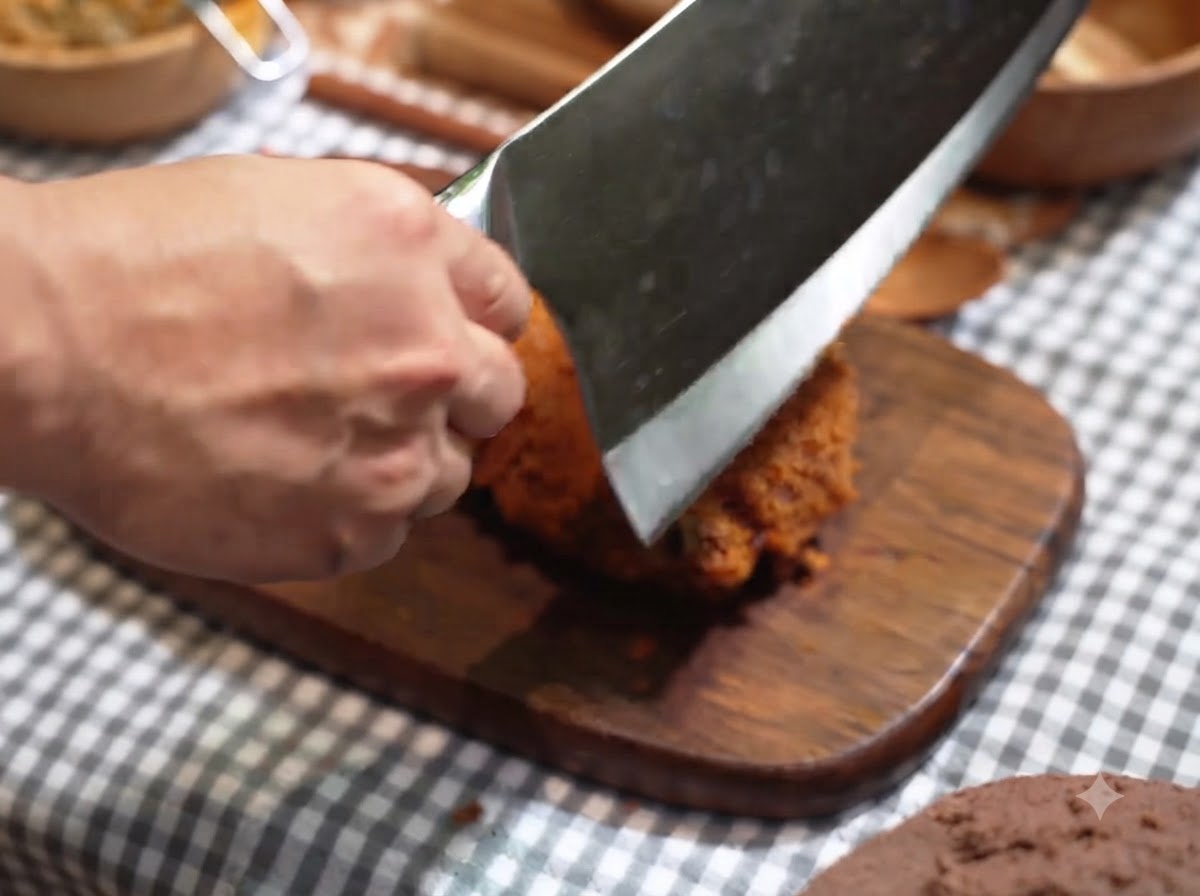 Un hachoir coupant une côtelette de porc frite et croustillante sur une planche en bois.