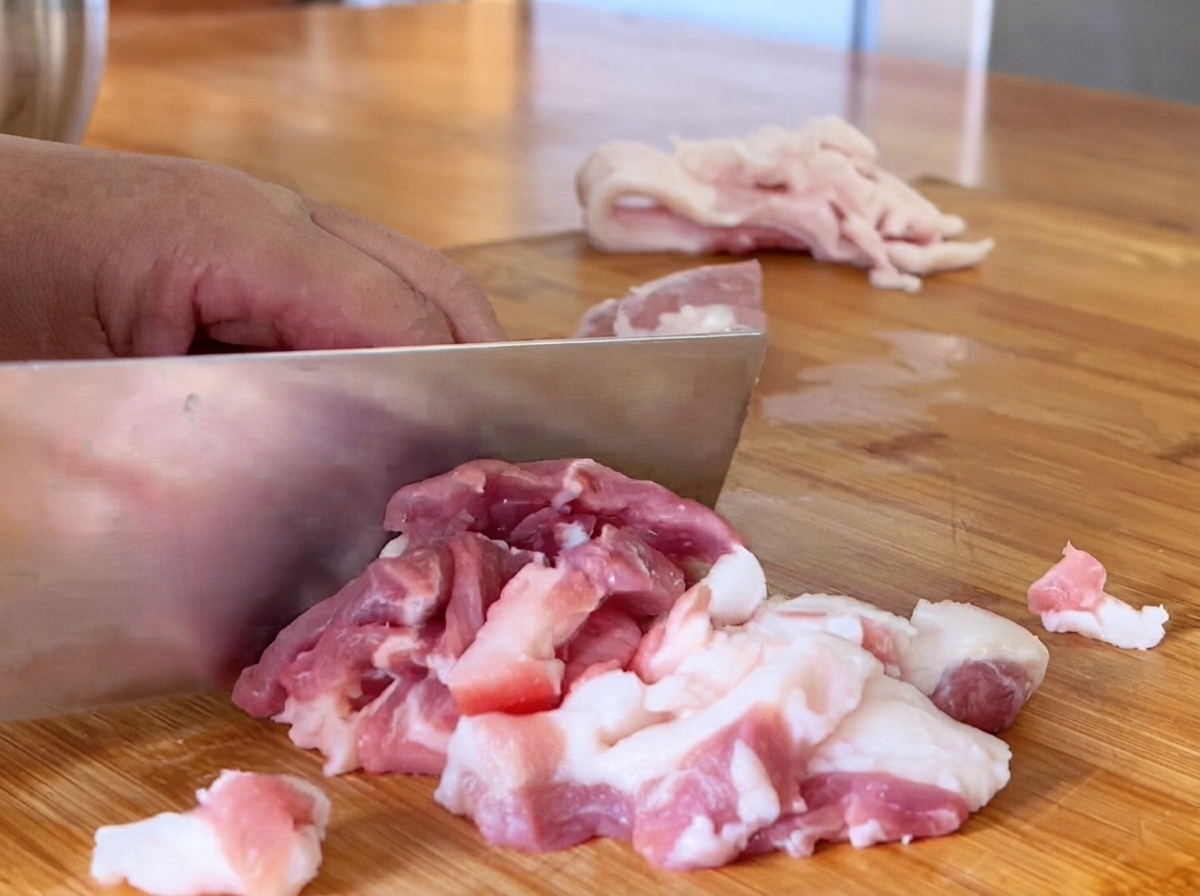 Tranches de porc coupées sur une planche à découper en bois.