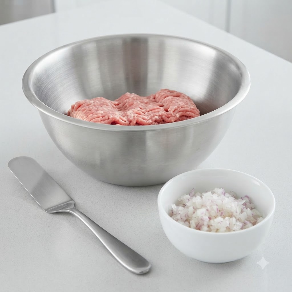 Un bol mélangeur contenant la pâte de porc hachée avec un bol doignons émincés et une spatule.