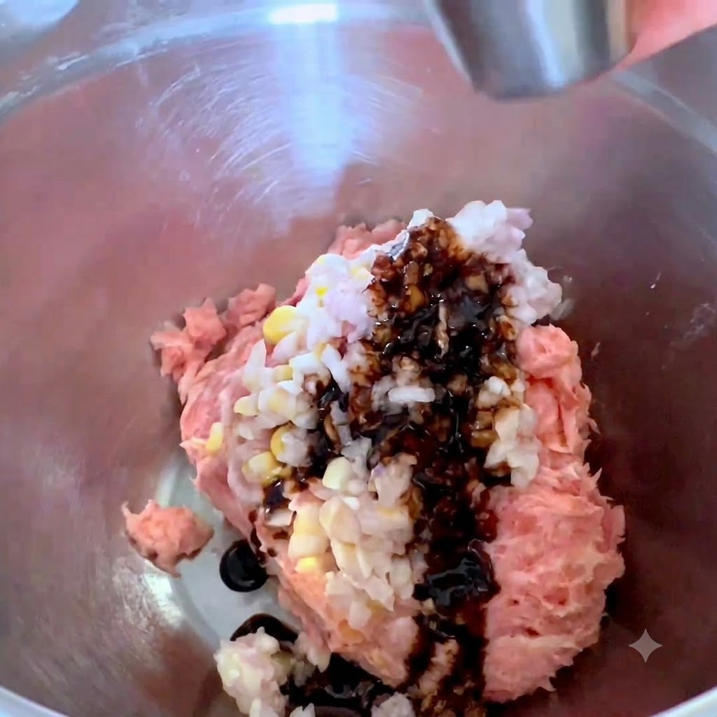 Sauces et assaisonnements versés dans le bol mélangeur avec le porc et les oignons.