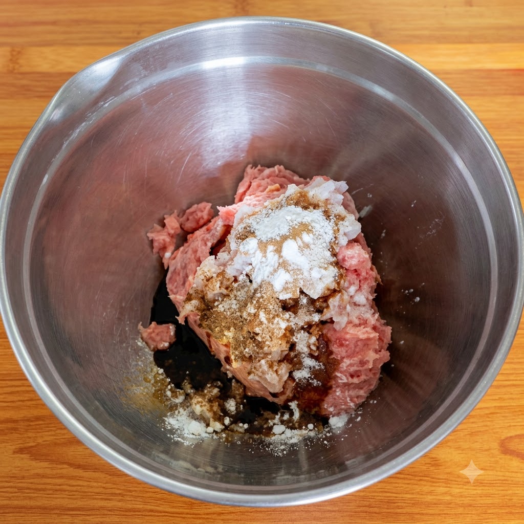 Assaisonnements et porc haché empilés ensemble à lintérieur dun bol mélangeur en acier inoxydable.