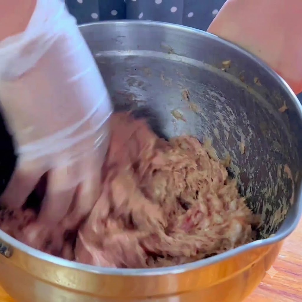 Une main gantée mélangeant et pétrissant vigoureusement le porc assaisonné à lintérieur dun bol en métal.