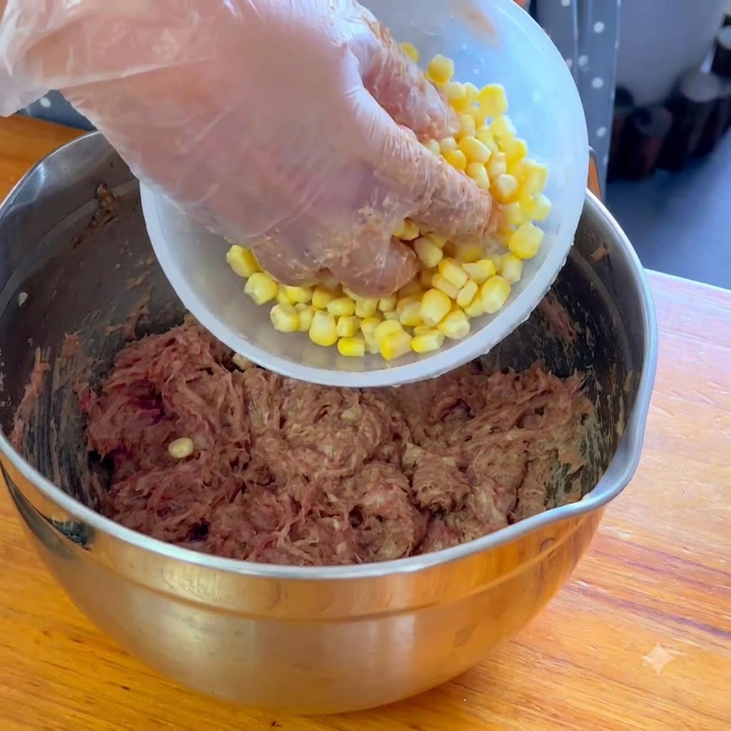 Grains de maïs jaune vif versés dun petit bol dans le porc mélangé.