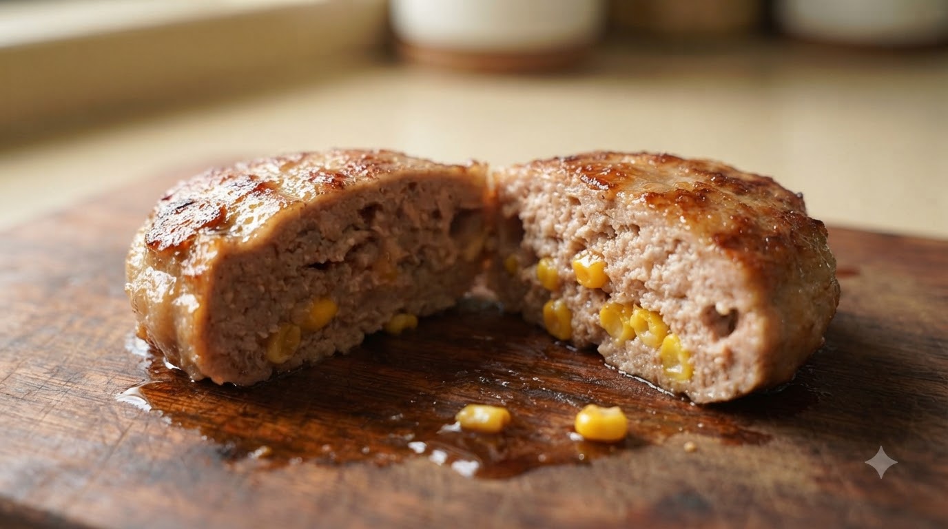 Steaks hachés de porc allemands juteux au maïs doux