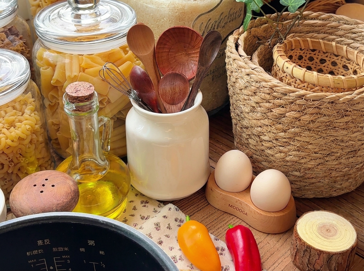Du riz sec versé dans la cuve noire dun cuiseur à riz sur un comptoir de cuisine en bois.
