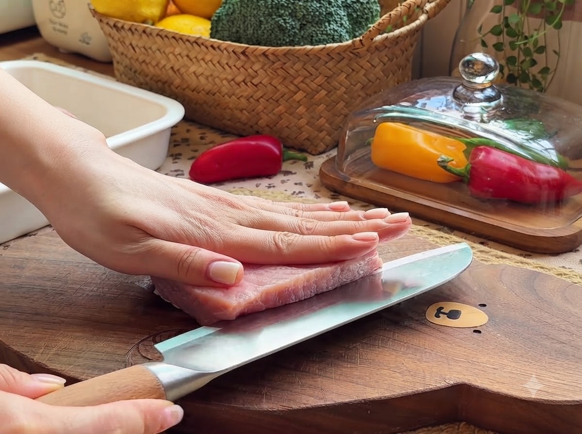 Une main tenant un couteau de chef coupant un morceau de filet de porc rose frais en deux sur une planche à découper en bois.