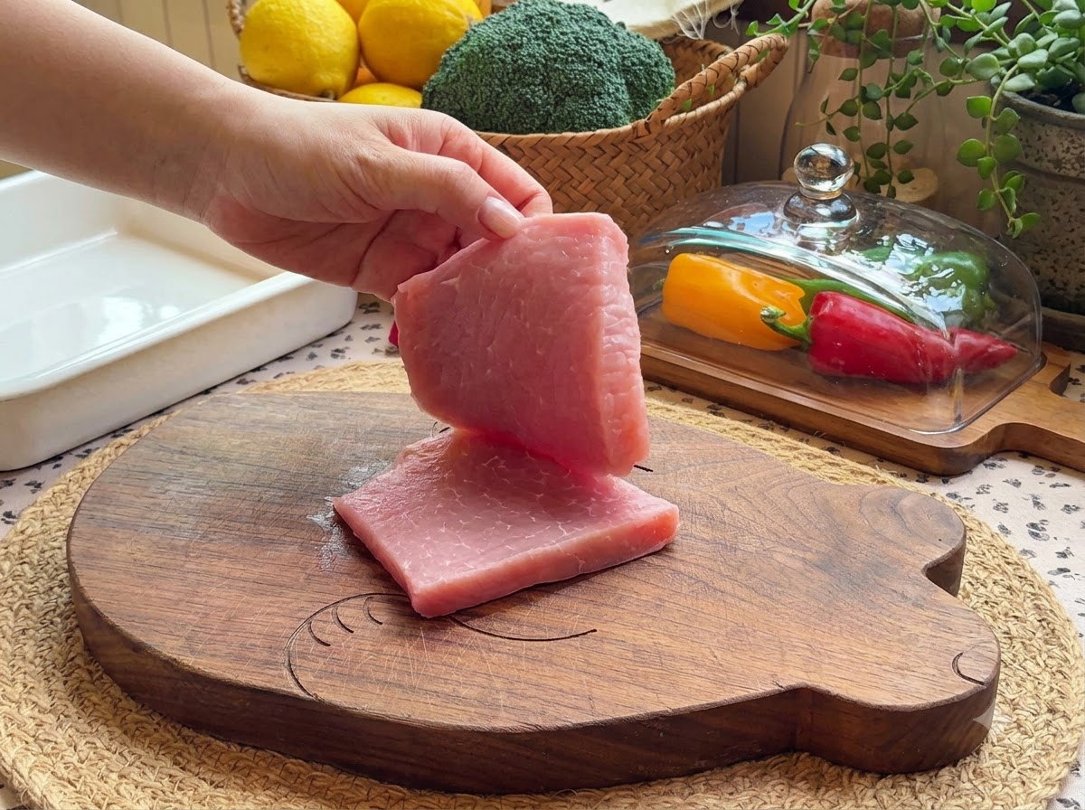 Un morceau de filet de porc rose frais soulevé au-dessus dune planche à découper en bois à côté dun plat de cuisson blanc.