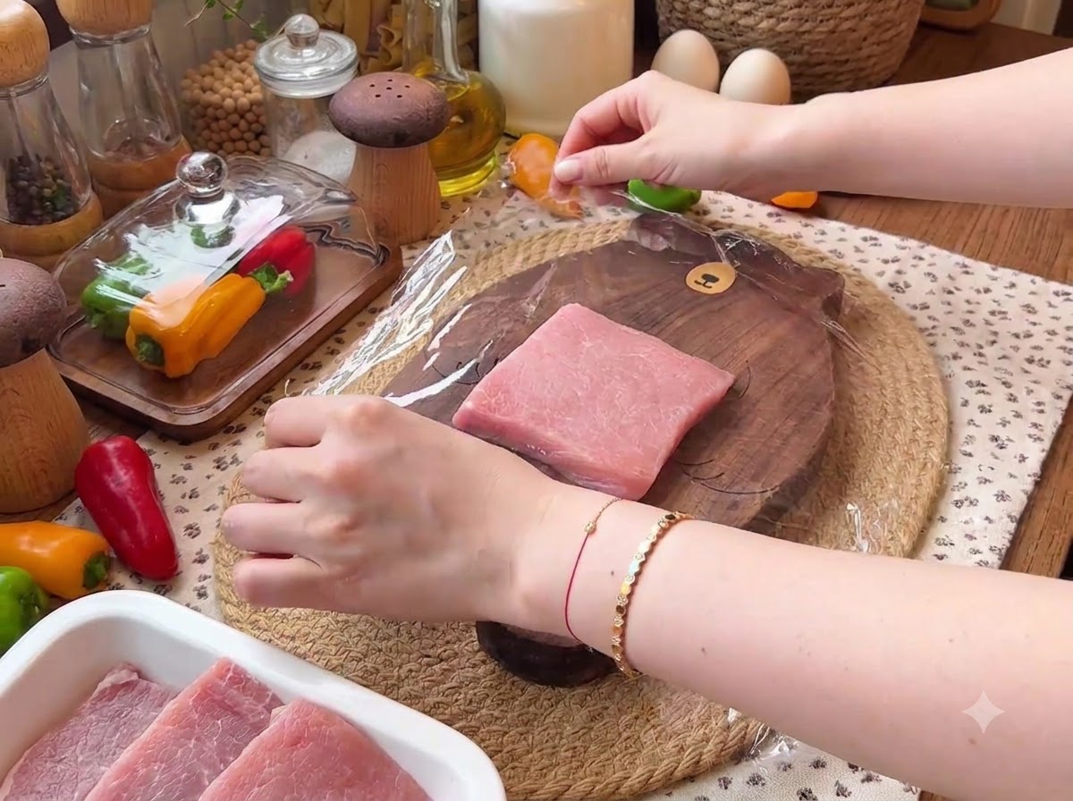Un morceau de filet de porc sur une planche à découper en bois recouvert dune feuille transparente de film plastique.
