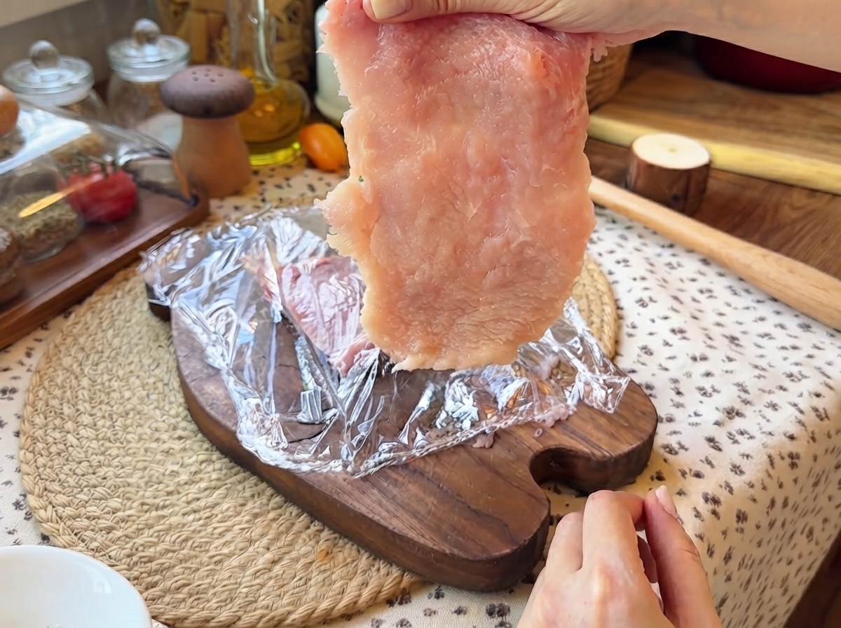 Un morceau de filet de porc fraîchement aplati tenu au-dessus dune planche à découper en bois avec du film plastique.