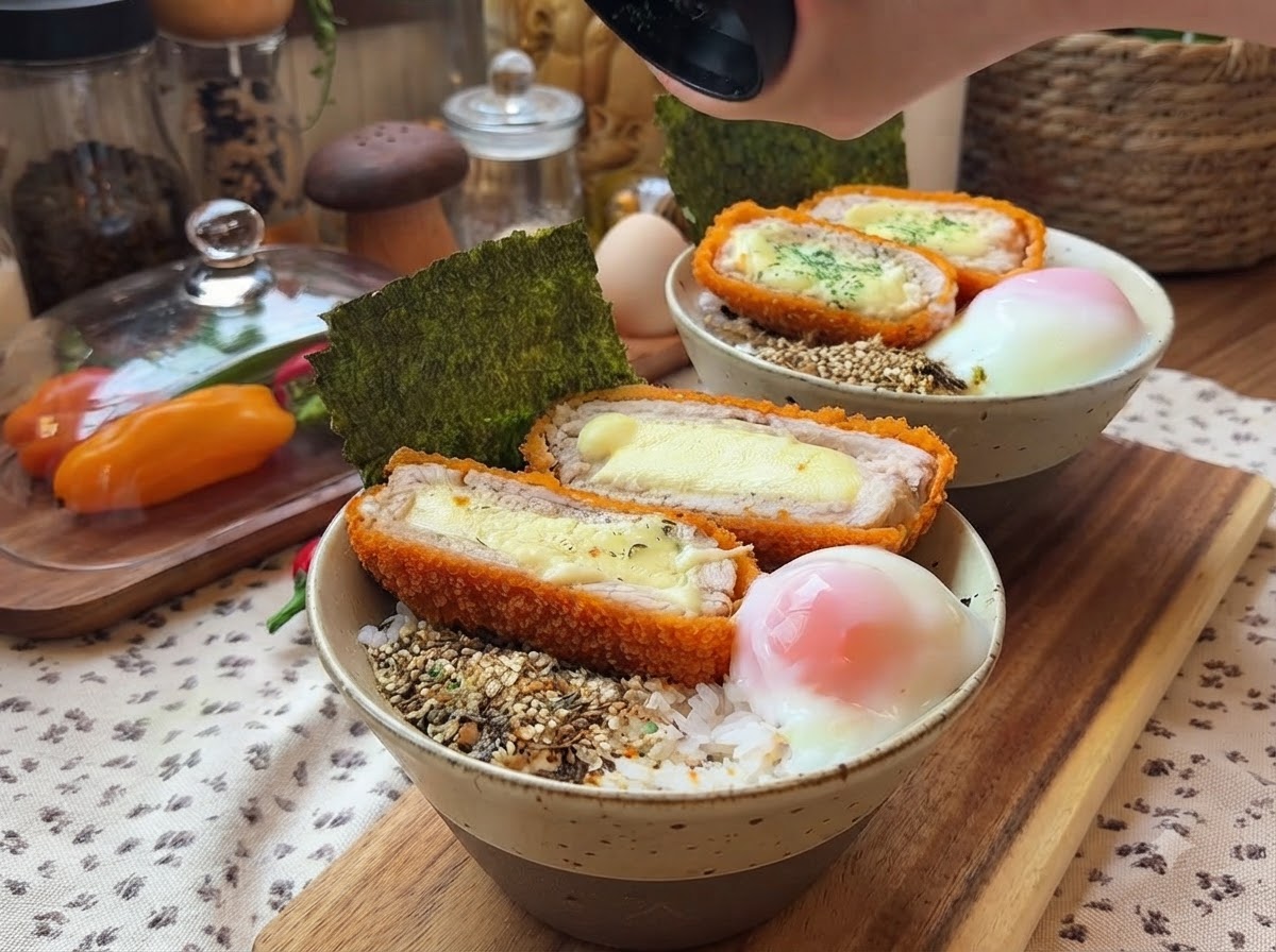 Un plat fini descalopes de porc croustillantes au fromage servies sur du riz avec un œuf mollet et une feuille de nori dans un bol en céramique.