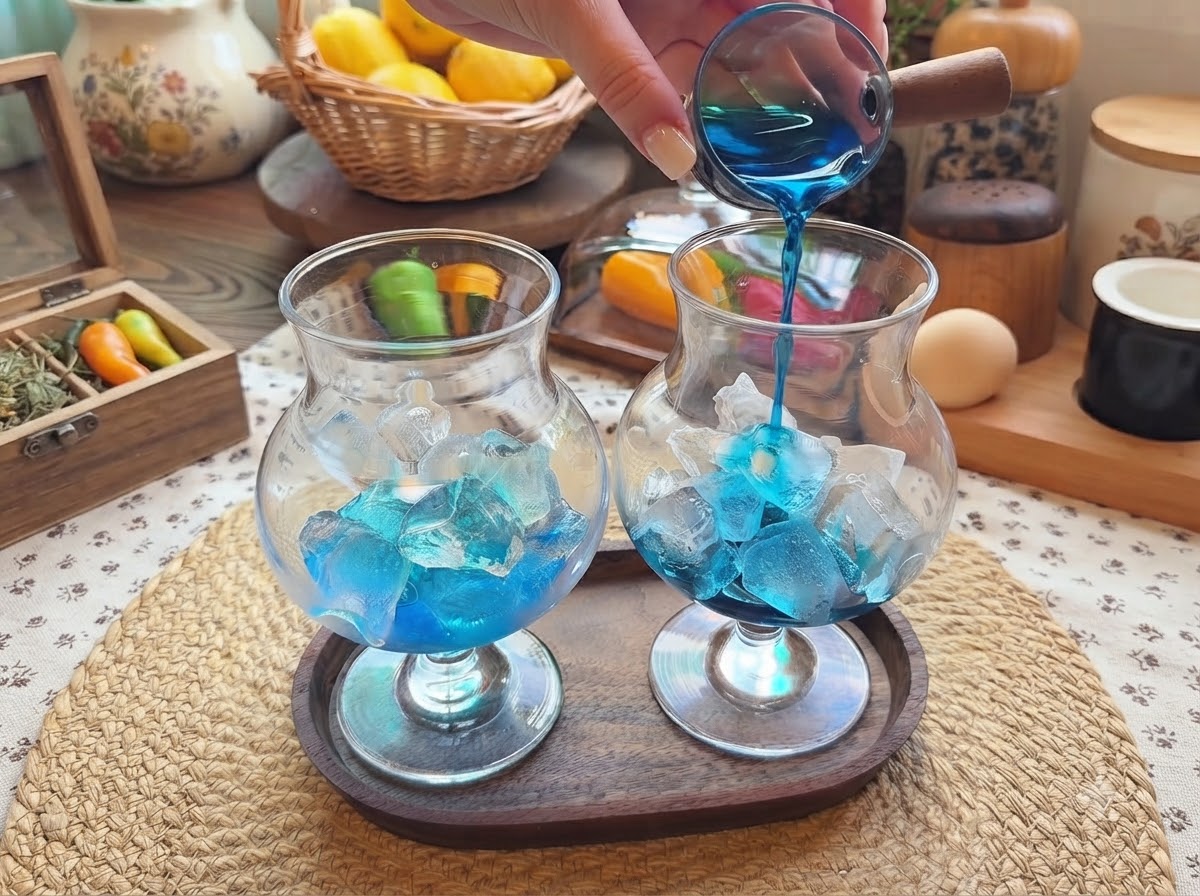 Du sirop bleu versé dun petit récipient en verre dans des verres hauts remplis de glaçons sur un plateau en bois.