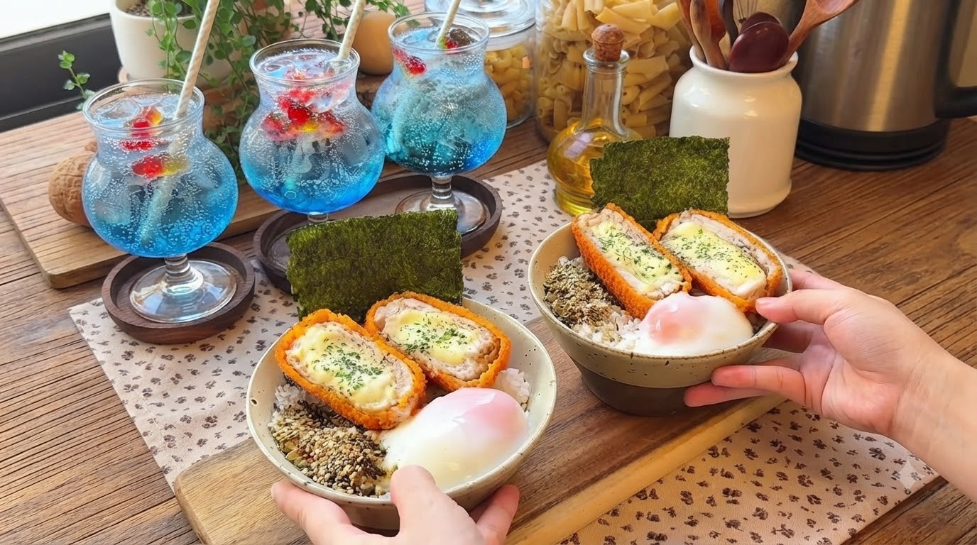 Deux bols de riz surmontés descalopes de porc croustillantes farcies au fromage coupées en deux laissant voir le fromage fondu, dun œuf mollet et de feuilles dalgue nori, servis avec deux verres de boissons bleues à bulles et poissons rouges avec des