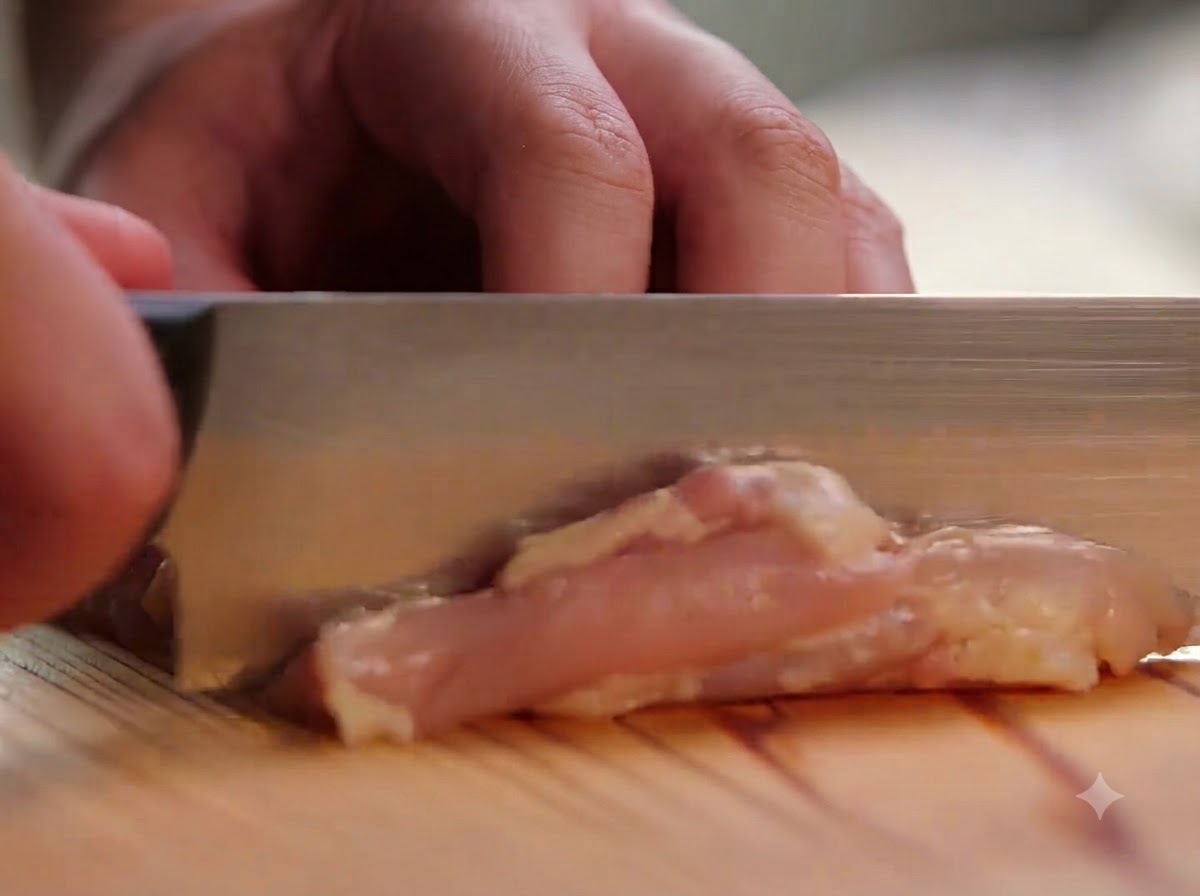 Des hauts de cuisses de poulet désossés coupés en petits morceaux sur une planche à découper en bois avec un couteau.